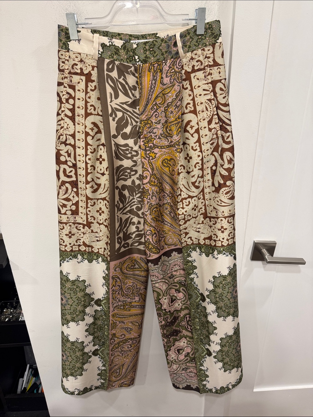 Zara Paisley Patchwork Wide-Leg Pants — Olive, Pink & Mustard